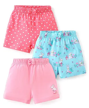 Babyhug Cotton Knit Single Jersey Shorts With Bunny & Polka Dots Print Pack Of 3 - Pink & Blue