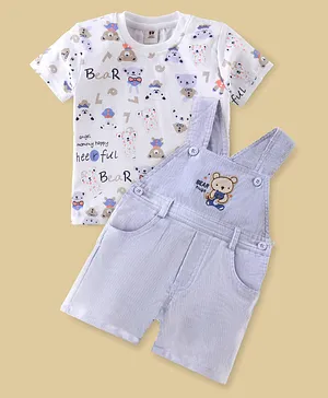 ToffyHouse Cotton Embroidered Dungaree with Half Sleeves Inner Tee Teddy Printed - Light Blue