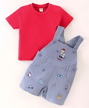 ToffyHouse Cotton Knit Bear Embroidered Dungaree & Half Sleeves Solid Color T-Shirt - Red & Grey