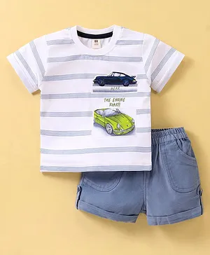 ToffyHouse Cotton Knit Half Sleeves T-Shirt And Shorts Set Stripes & Car Print - White & Blue