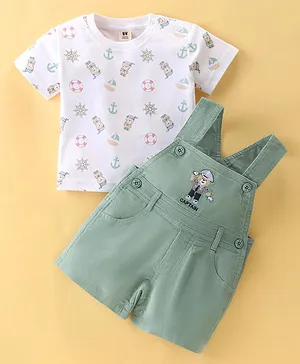 ToffyHouse Dungarees & Half Sleeves T-Shirt Set With Animals Print & Embroidery - White & Green