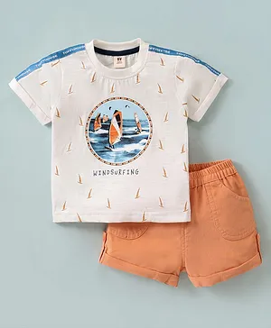 ToffyHouse Cotton Knit Half Sleeves T-Shirt And Shorts Set Surfboard Print - Off White & Orange