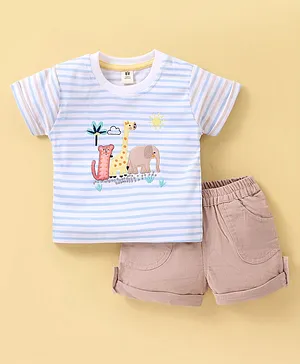 ToffyHouse Cotton Knit Half Sleeves T-Shirt And Shorts Set Stripes & Elephant Embroidery - White & Beige