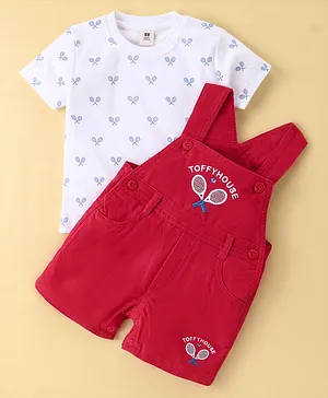 ToffyHouse Cotton Knit Dungaree &  Half Sleeves T-Shirt Badminton Theme Print -  Red