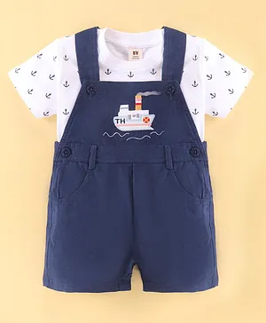 ToffyHouse Cotton Ship Embroidered Dungaree with Half Sleeves Anchor Printed T-Shirt - Navy Blue
