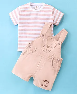 ToffyHouse Cotton Text & Bear Detailing Dungaree with Striped T-Shirt - Beige