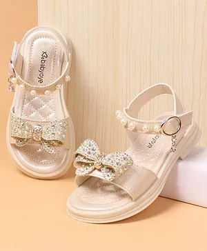 Babyoye Sandals with Buckle Closure Pearl Detailing & Bow Applique -Peach