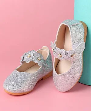 Babyoye Slip On Glittery Ballerina with Floral Applique & Velcro Closure - White