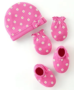 Babyhug 100% Cotton Knit Cap Mittens & Booties Set Floral Print - Pink