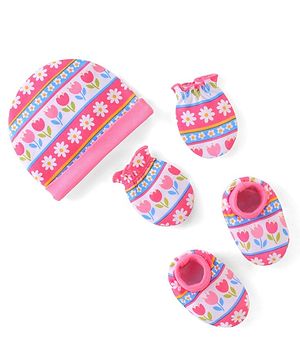 Babyhug 100% Cotton Knit Cap Mittens & Booties Set Floral Print - Pink