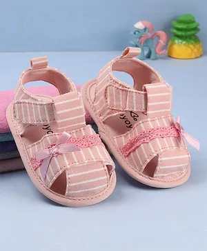 Babyoye Slip On Striped Booties with Velcro Closure & Bow Applique - Pink