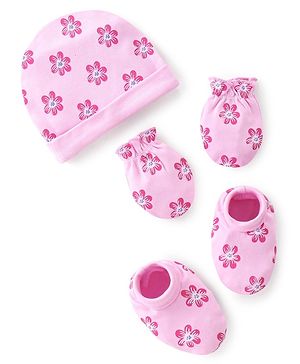 Babyhug 100% Cotton Knit Cap Mittens & Booties Set Floral Print- Pink
