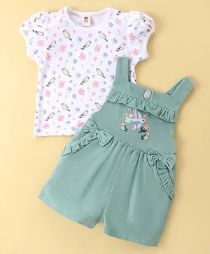 ToffyHouse Cotton Knit Dungaree &  Half Sleeves T-Shirt Bird & Floral Embroidery & Bow Applique -   Earthen Green