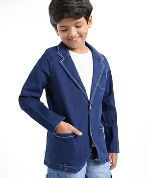 Arias Cotton Stretch Knit Denim Full Sleeves Blazer with Deco Stitch On Pocket - Mid Wash Blue