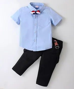 Kookie Kids Half Sleeves Solid Color Party Wear Shirt & Trousers Set with Suspender & Bow - Multicolor