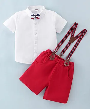 Kookie Kids Half Sleeves Party Wear Shirt & Shorts Set with Suspender & Bow Detailing - Red & White