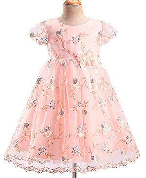 Babyhug Woven Cap Sleeves Party Frock with Floral Applique & Embroidered  - Peach