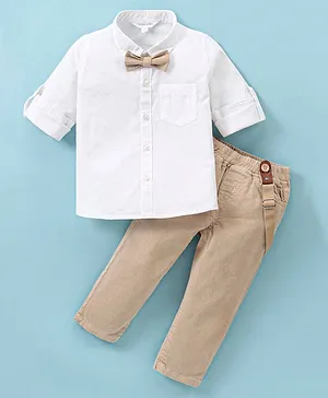 Mark & Mia Full Sleeves Solid Color Shirt and Trouser Set with Bow and Suspender - Multicolor