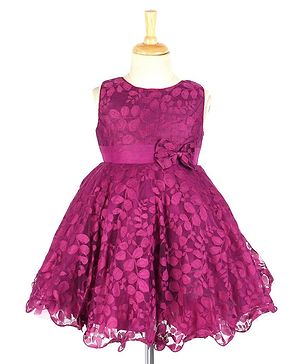 Babyhug  Sleeveless Party  Frock with Leaf Detailing & Bow Applique - Purple