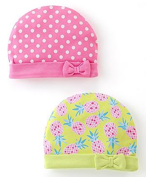 Babyhug 100% Cotton Interlock Knit Caps Polka Dot Print Pack of 2 - Multicolor