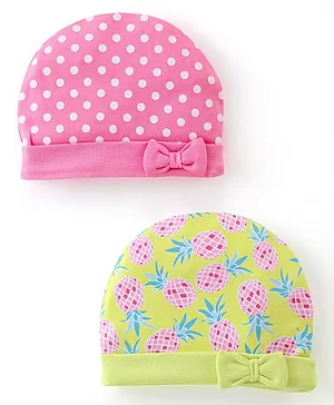 Babyhug 100% Cotton Interlock Knit Caps Polka Dot Print Pack of 2 - Multicolor