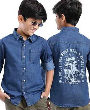 Arias Cotton Woven Stretch Full Sleeves Dark Wash Denim Shirt With Back  Placement Boat Print  - Blue