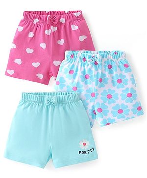 Babyhug Cotton Knit Shorts Solid & Heart Print with Bow Applique  Pack of 3 - Pink & Blue