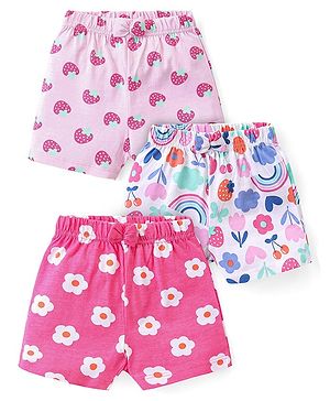 Babyhug Cotton Knit Shorts with Strawberry & Floral Print Bow Applique Pack of 3 -  Multicolour