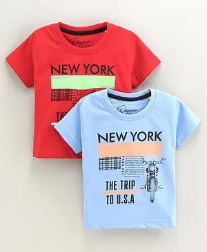 Dapper Dudes Pack Of 2 Full Sleeves New York Text Printed Tees - Red & Sea Blue