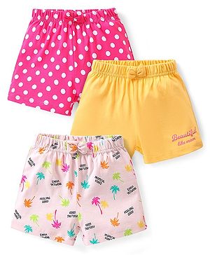 Babyhug Cotton Single Jersey Knit Shorts Polka Dot & Palm Tree Print Pack of 3 - Pink Peach & Yellow