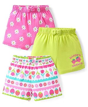 Babyhug Cotton Knit   Shorts Floral & Strawberry Print  Bow Applique Pack of 3 -  Multicolour