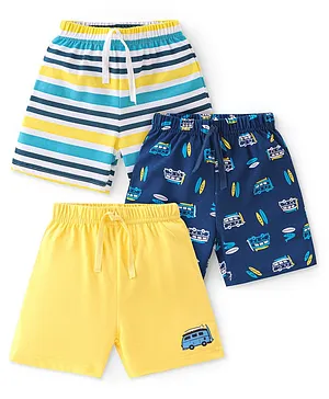 Babyhug Cotton Knit Shorts Beach Print Pack of 3 - Yellow Blue & Green