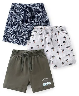 Babyhug Cotton Single Jersey Knit Knee Length Shorts Tropical Theme Pack Of 3 - White Green & Blue