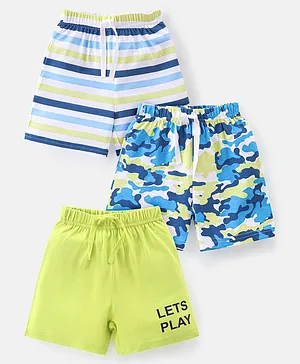 Babyhug Cotton Single Jersey Knit Shorts Striped & Camouflage Print Pack Of 3 - Blue White & Green