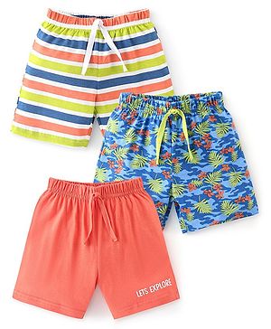 Babyhug Cotton Knit Knee Length Striped Shorts Tropical Camo Print Pack of 3 - Multicolour