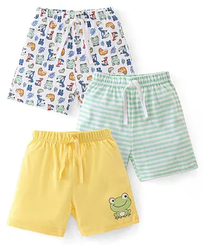Babyhug Cotton Knit Shorts Striped & Frog Print Pack of 3 - Yellow Green &  White