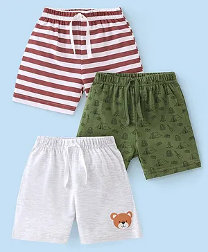 Babyhug Cotton Knit Striped and Bear Printed Shorts Pack of 3 - Green White and Brown