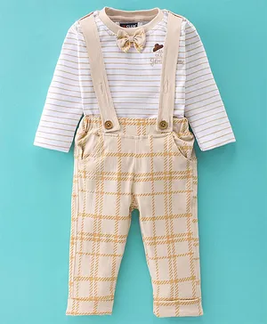 Jb Club Full Sleeves Striped Tee With Checked Dungaree Set - Beige