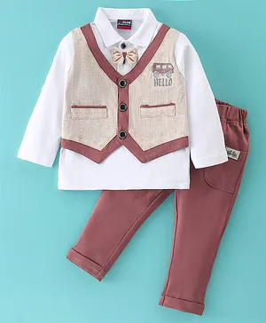 Jb Club Full Sleeves Hello Text Embroidered Tee With Attached Waistcoat & Pant Set - Beige