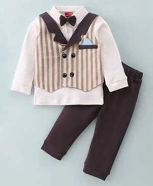 Jb Club Full Sleeves Solid Shirt With Striped Attached Jacket And Pant Set - Coffee Brown