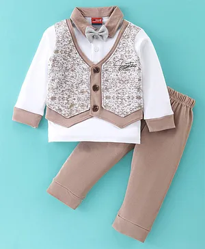 Jb Club Full Sleeves Abstract Printed Waistcoat With Attached Tee & Bow With Pant - Beige