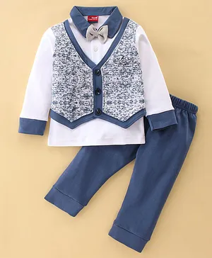 Jb Club Full Sleeves Abstract Printed Waistcoat With Attached Tee & Bow With Pant - Blue