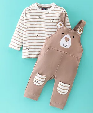 Jb Club Full Sleeves Striped Tee With Animal Detailed Dungaree - Beige