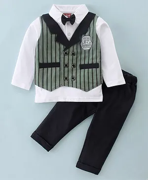 Jb Club Full Sleeves Solid Shirt With Striped Attached Jacket And Pant Set - Green