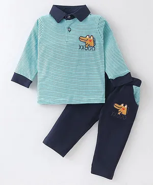 Jb Club Full Sleeves Striped & Crocodile Embroidered Tee With Pant Set - Green