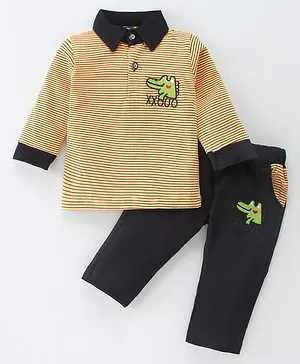 Jb Club Full Sleeves Striped & Crocodile Embroidered Tee With Pant Set - Yellow