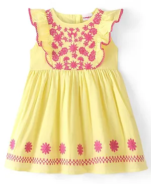 Babyhug Poplin Woven Frill Sleeves Frock with Floral Embroidery - Yellow