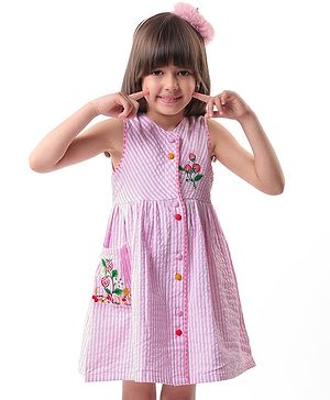 Babyhug Woven Sleeveless Seer Sucker Front Open Striped Frock Floral Embroidery - Pink