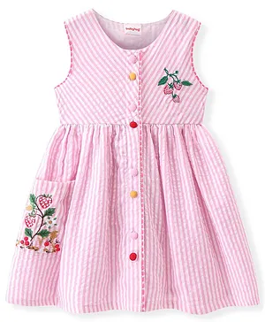 Babyhug Woven Sleeveless Seer Sucker Front Open Striped Frock Floral Embroidery - Pink