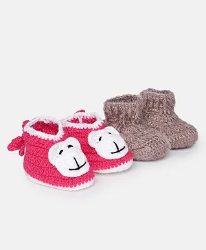 MayRa Knits Pack Of 2 Monkey Face & Self Designed Hand Knitted Woollen Booties - Pink & Grey